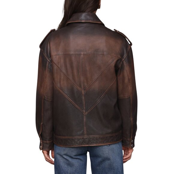 Avec Les Filles Pieced Back Leather Bomber Jacket Burnished Brown - Picture 5 of 7